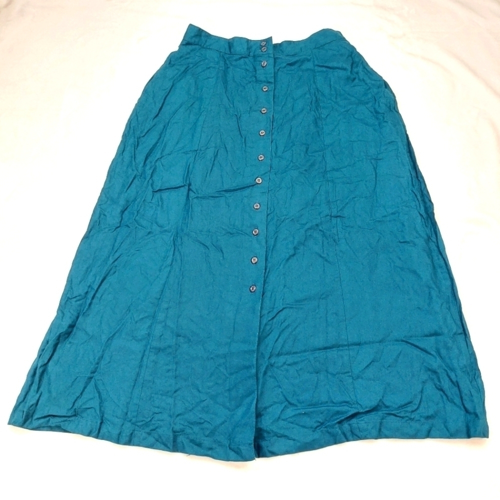 MAGGIE LAWRENCE WOMEN'S VINTAGE TEAL BLUE BUTTON FRONT MIDI SKIRT SIZE LARGE